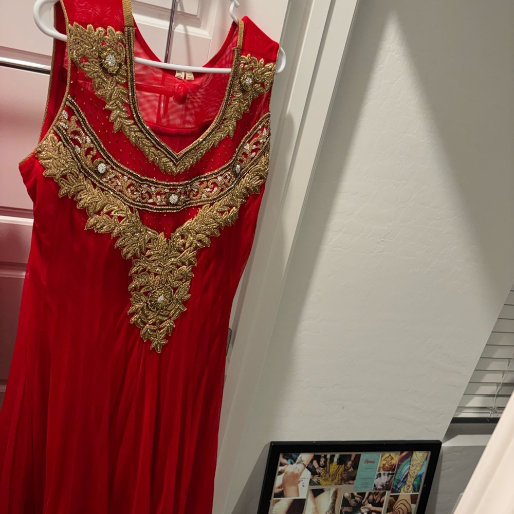 Red Indian Maxi Dress with Gold Embellished V-Neck